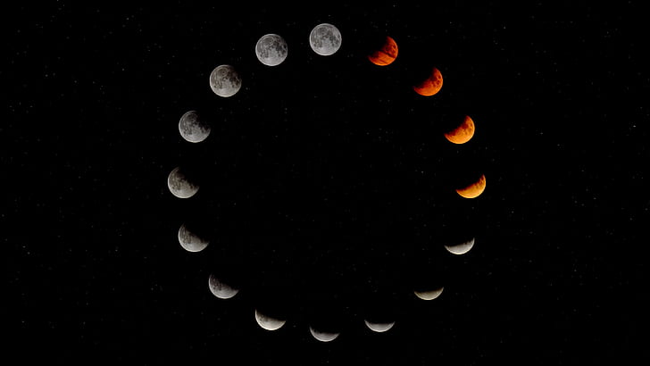 Луна, космос, звёзды, круг, красная луна, фазы луны, HD обои