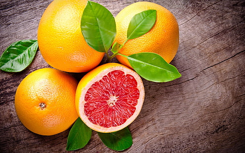 Grapefruit, fruit, leaves, red, orange, Grapefruit, Fruit, Leaves, Red, Orange, HD wallpaper HD wallpaper