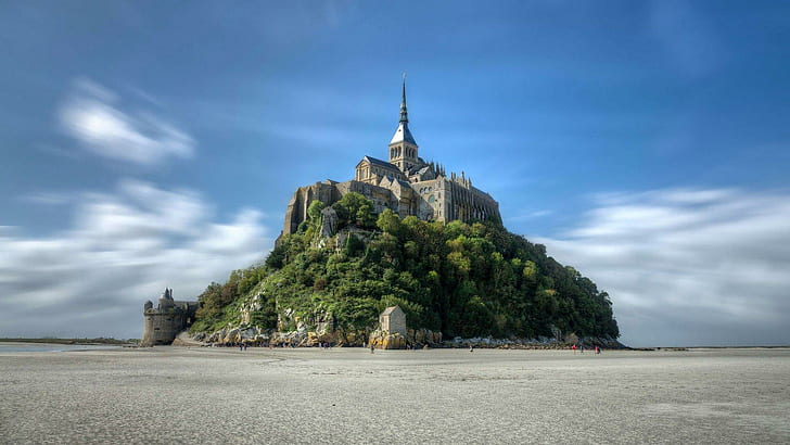 Mont Saint-Michel, Normandie, slott på toppen av kullen och havet, världen, 1920x1080, Frankrike, Normandie, Mont Saint-Michel, HD tapet
