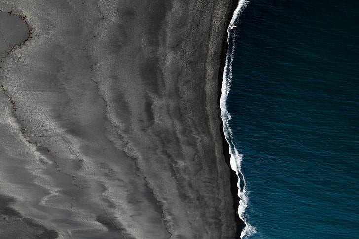 krajobraz czarny piasek widok z lotu ptaka Islandia wik morze, Tapety HD