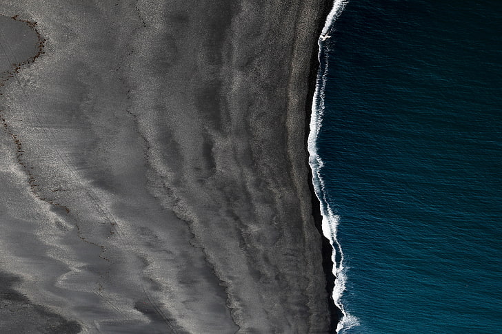 вик, исландия, пейзаж, море, с высоты птичьего полета, черный песок, HD обои