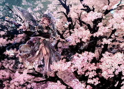 аниме девушки, Touhou, Saigyouji Yuyuko, вишни в цвету, кимоно, HD обои HD wallpaper