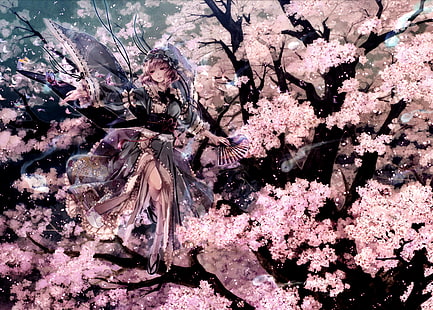 kimono, fiori di ciliegio, anime girls, Touhou, Saigyouji Yuyuko, Sfondo HD HD wallpaper