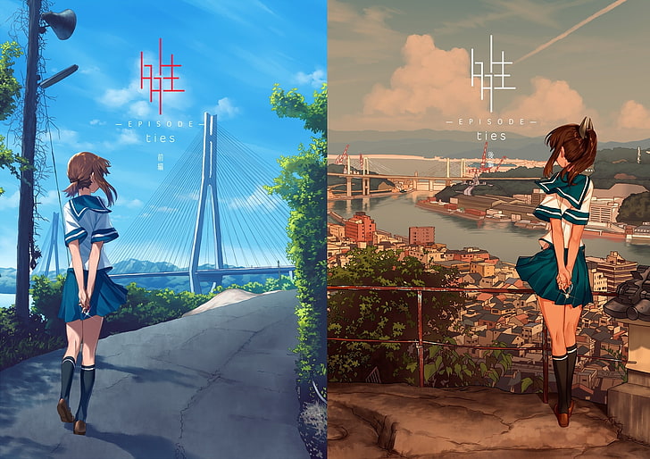 anime girl, landscape, scenic, back view, school uniform, Anime, HD wallpaper