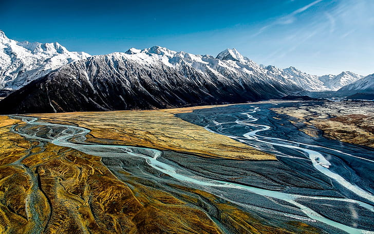 Hooker Valley, Aoraki Mount Cook, นิวซีแลนด์, ภูเขา, แม่น้ำ, เทือกเขาที่ปกคลุมด้วยหิมะ, Hooker, Valley, Aoraki, Cook, New, Zealand, ภูเขา, แม่น้ำ, วอลล์เปเปอร์ HD