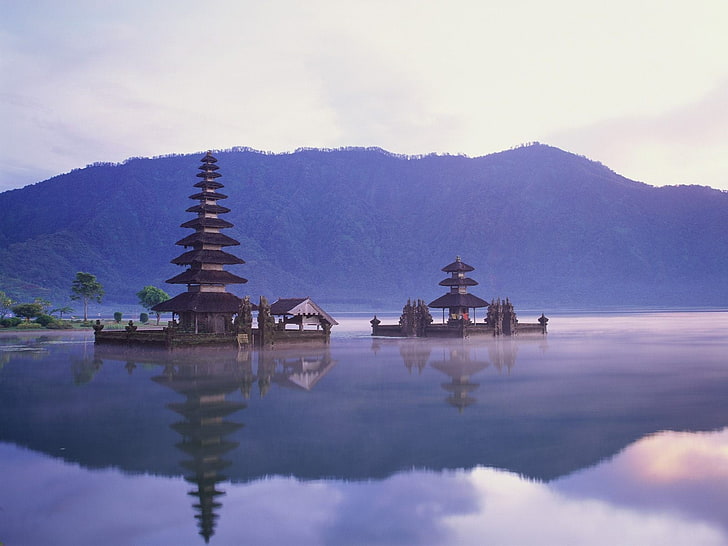 pagode brune, Bali, Indonésie, bâtiment, temple, réflexion, Fond d'écran HD