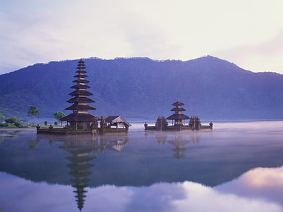 кафява пагода, Бали, Индонезия, сграда, храм, отражение, HD тапет HD wallpaper