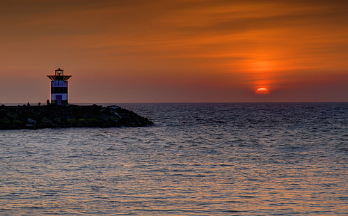 Sunset in Scheveningen, black lighthouse, Nature, Beach, Sunset, Lighthouse, Scheveningen, HD wallpaper HD wallpaper