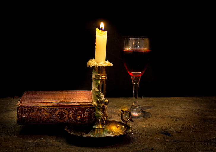 gray stainless steel candle holder, clear wine glass and brown book, wine, candle, book, wax, Still life, HD wallpaper
