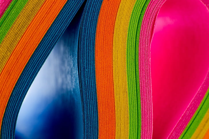 Colored paper, blue orange yellow green and pink colored papers, rainbow, paper, colored paper, HD wallpaper