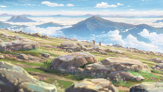 filme de desenho animado mostrando montanhas, Kimi no Na Wa, seu nome, paisagem, montanhas, rocha, HD papel de parede HD wallpaper