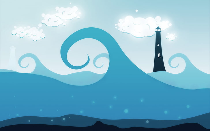 синий и черный маяк и морские волны иллюстрация, волна, башня, облако, синий, вектор, HD обои