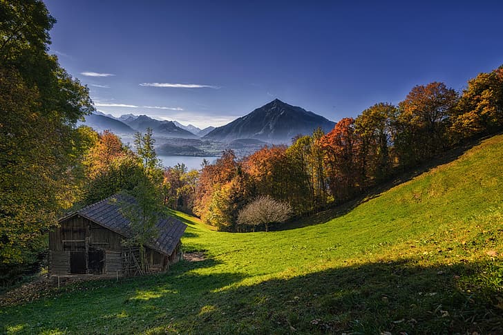autumn, trees, mountains, lake, Switzerland, the barn, Lake Thun, Bernese Alps, The Bernese Alps, mount Niesen, Niesen Mountain, Thunersee, HD wallpaper