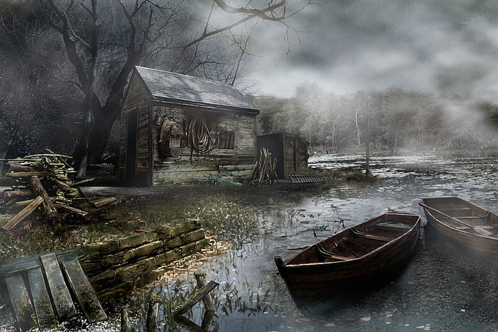 two brown canoe boats, Resident Evil, Row Boat, HD wallpaper