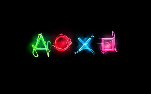 Sony PlayStation wallpaper, PlayStation, simple, black, minimalism, simple background, abstract, video games, digital art, colorful, green, red, blue, pink, cyan, HD wallpaper HD wallpaper