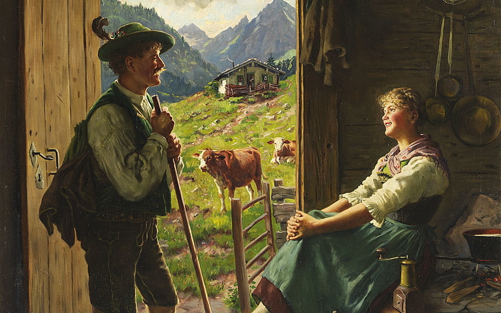1880, malarz niemiecki, Emil Rau, Wizyta na Alm, Wizyta na pastwisku, Tapety HD