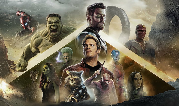 영화, 어벤져 스 : 인피니티 워, Drax The Destroyer, Gamora, Groot, Hulk, Mantis (Marvel Comics), 로켓 너구리, 스파이더 맨, Star Lord, Thor, Vision (Marvel Comics), HD 배경 화면