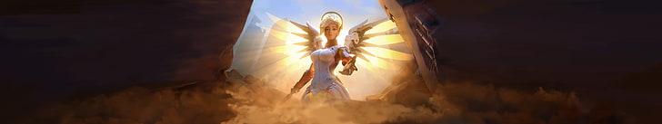 илюстрация на женски ангелски персонаж, Overwatch, Mercy (Overwatch), ултраширок, троен екран, HD тапет