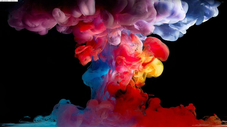asap jamur warna-warni, cat dalam air, latar belakang hitam, warna-warni, seni digital, lukisan, latar belakang sederhana, asap, Wallpaper HD