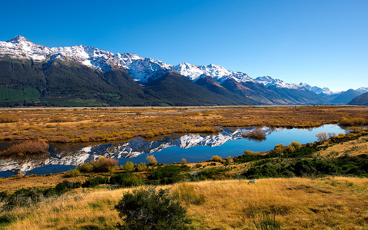 リベンデルの南、青、茶色、風景、山、自然、ニュージーランド、ニコン、nikonaf‑snikkor14‑24mmf / 2.8ged、nikond800、写真、反射、水、 HDデスクトップの壁紙