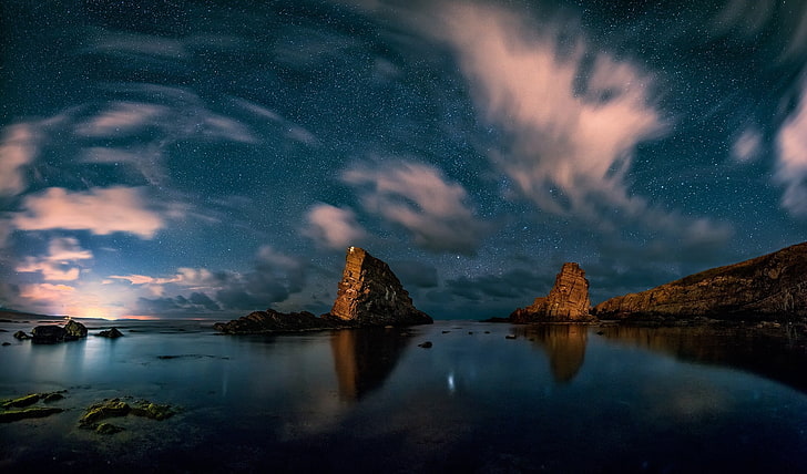 cuerpo de agua, paisaje, naturaleza, noche estrellada, roca, mar, costa, nubes, calma, larga exposición, Bulgaria, Fondo de pantalla HD