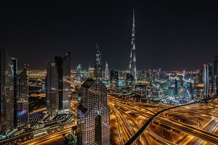 коричневая и белая строительная роспись, Дубай, ОАЭ, небоскреб, город, HD обои