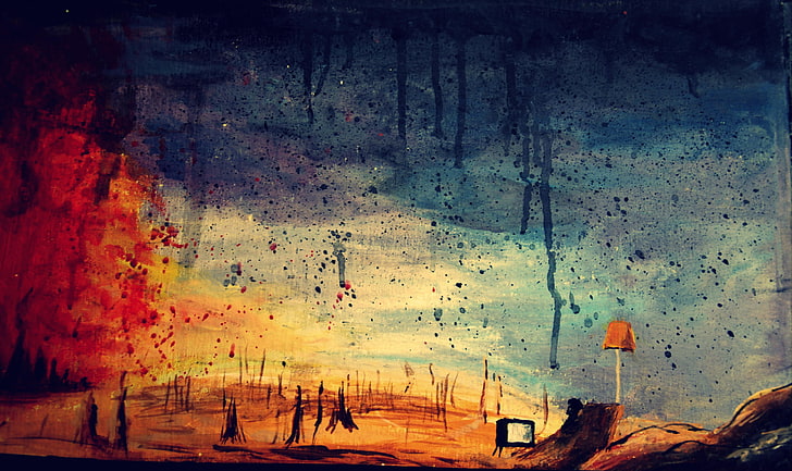 red and blue forest painting, music, Pink Floyd, painting, artwork, paint splatter, television sets, fire, lamp, wasteland, surreal, orange, blue, HD wallpaper