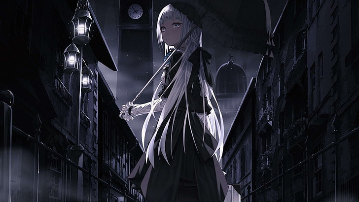 애니메이션 소녀, 우산, 흰 머리카락, 어두운, HD 배경 화면
