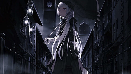 anime girls, umbrella, white hair, dark, HD wallpaper HD wallpaper