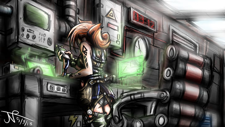 Frau im schwarzen Mantel Charakter, Kunstwerk, Cyberpunk, HD-Hintergrundbild