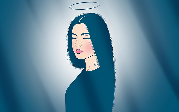 illustration de femme aux cheveux noirs, ange, nimbe, tatouage, lèvres, rêve, paix, Fond d'écran HD