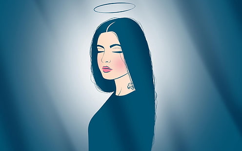 black haired woman illustration, angel, nimbus, tattoo, lips, dream, peace, HD wallpaper HD wallpaper