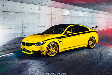 araba, BMW, sarı araba, BMW M4, filigranlı, lüks arabalar, HD masaüstü duvar kağıdı HD wallpaper