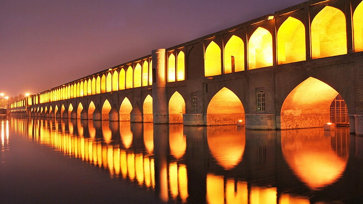 brown bridge, isfahan, iran, bridges, night, light, HD wallpaper