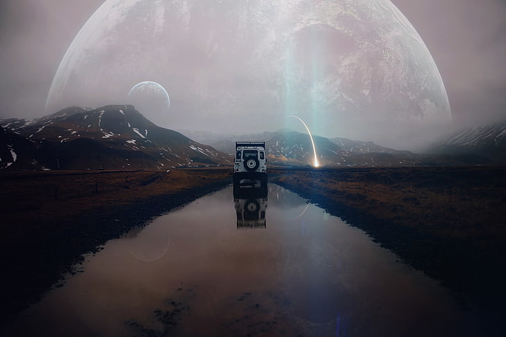 white SUV, landscape, mountains, planet, water, vehicle, car, reflection, photo manipulation, Vadim Sadovski, HD wallpaper