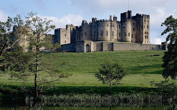 Alnwick Castle In Northumberl Engl, brown brick castle, river, grass, castle, hill, trees, nature and landscapes, HD wallpaper