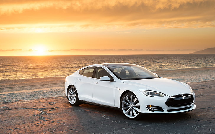 weiße Limousine, Tesla, Modell s, Tesla Modell s, Meer, HD-Hintergrundbild