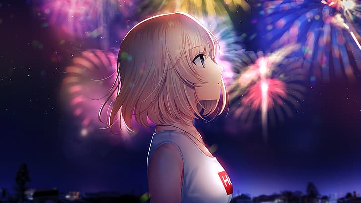 anime girls, fireworks, short hair, blonde, HD wallpaper