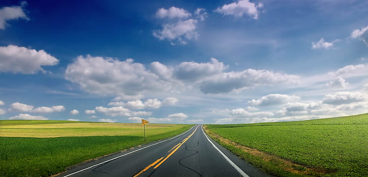 empty road between green grass under white and blue cloudy sky, Long Drive, empty, road, green grass, white, blue, cloudy, sky, Pennsylvania, Northampton County, Moore Township, Lehigh Valley, landscape, clouds, cumulus, rural, spring, creative commons, nature, rural Scene, cloud - Sky, summer, asphalt, highway, outdoors, travel, scenics, HD wallpaper