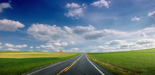 empty road between green grass under white and blue cloudy sky, Long Drive, empty, road, green grass, white, blue, cloudy, sky, Pennsylvania, Northampton County, Moore Township, Lehigh Valley, landscape, clouds, cumulus, rural, spring, creative commons, nature, rural Scene, cloud - Sky, summer, asphalt, highway, outdoors, travel, scenics, HD wallpaper HD wallpaper