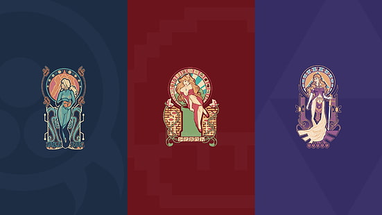 ثلاث شخصيات كرتونية نسائية متنوعة الألوان ، خلفية رقمية ، The Legend of Zelda ، Zelda ، Triforce ، Princess Peach ، Samus Aran ، Metroid ، Nintendo ، Collage ، Princess Zelda، خلفية HD HD wallpaper