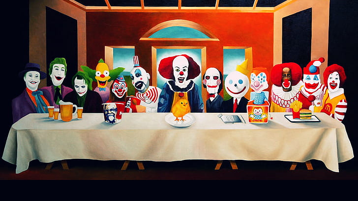 clown, Clowns, humor, Jack, Joker, KFC, Last, Mascot, Mcdonald, paintings, Ronald, sadic, Supper, the, HD wallpaper