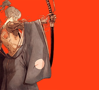 Chun Lo, women, samurai, katana, gray hair, tattoo, simple background, HD wallpaper HD wallpaper