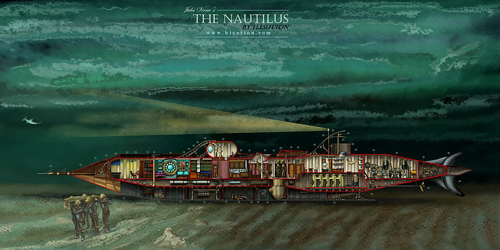 Картината на Наутилус, Жул Верн, фентъзи изкуство, Наутилус, подводница, под вода, водолази, море, технология, светлини, риба, 20000 лиги под морето, HD тапет