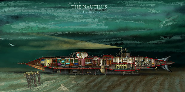 Картината на Наутилус, Жул Верн, фентъзи изкуство, Наутилус, подводница, под вода, водолази, море, технология, светлини, риба, 20000 лиги под морето, HD тапет HD wallpaper