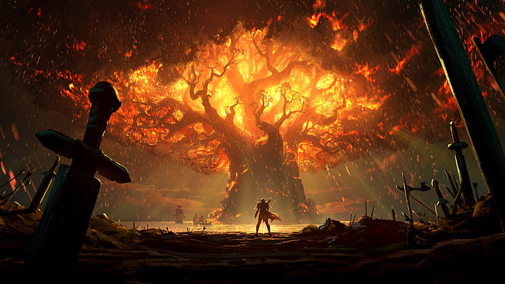 dunia warcraft: pertempuran untuk azeroth, pohon terbakar, pedang, karya seni, Game, Wallpaper HD
