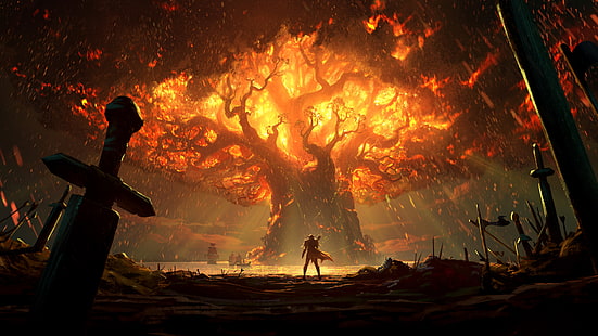 world of warcraft: batalha por azeroth, árvore em chamas, espada, arte, jogos, HD papel de parede HD wallpaper