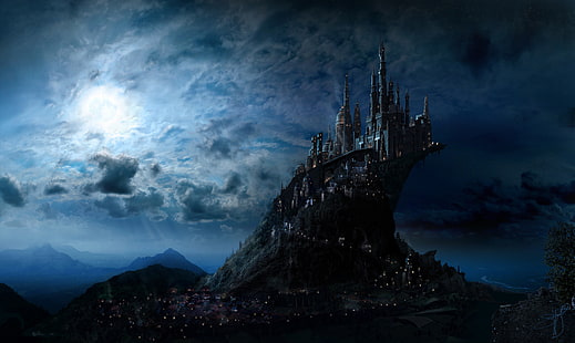 Harry Potter, konstnärlig, blå, slott, fantasi, Hogwarts slott, landskap, berg, HD tapet HD wallpaper
