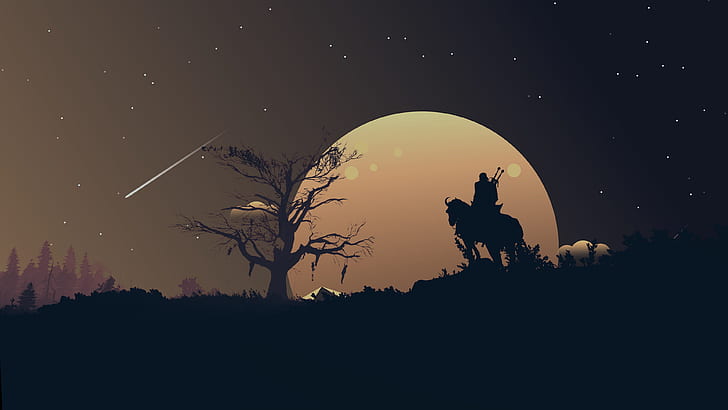 moon, fantasy, game, The Witcher, landscape, night, stars, tree, horse, weapons, digital art, artwork, warrior, swords, fantasy art, knight, The Witcher 3: Wild Hunt, shooting star, hanged, HD wallpaper