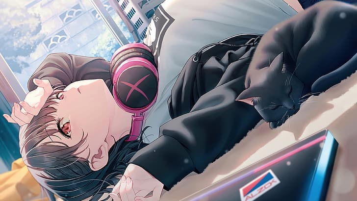 anime girls, cats, headphones, HD wallpaper
